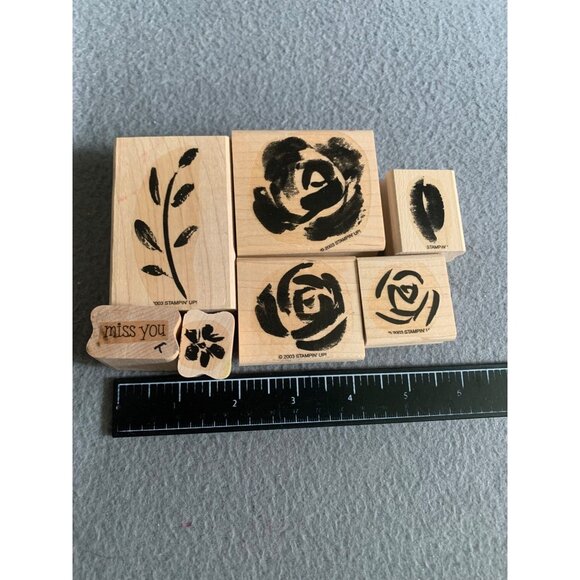 Stampin Up 2003 Wooden Rubber Stamp Set - Floral & Miss You Design - Picture 2 of 4